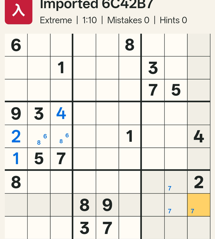 After cross-hatching: Box 4 is nearly complete, and three possible homes for 7 appear in Box 9